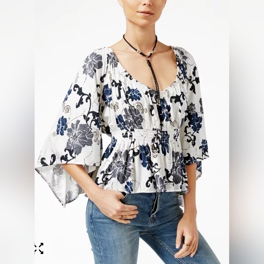 Free People Floral Glenside Top Boho Festival Ivory Peasant Ivory Blue Medium